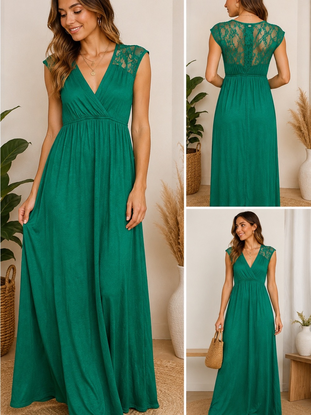 NWT Pinc Emerald Green Lace-Back V-Neck Maxi Dress